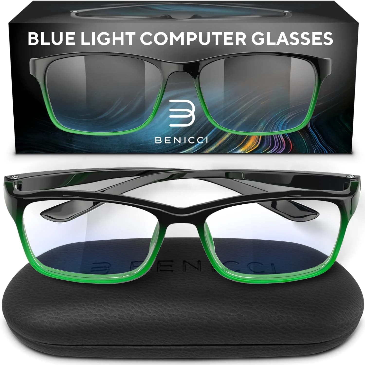 Benicci Blue Light Blocking Glasses for Men & Women | TR90 Plastic Frame, Clear Lenses | Unisex, Lightweight, Includes Case — Black-green