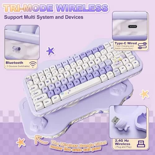 YUNZII C75 Cute 75% Wireless Mechanical Keyboard Purple Candy Switch | Hot-Swappable, Tri-Mode Connectivity, 5500mAh Battery thumbnail 3