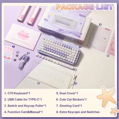 YUNZII C75 Cute 75% Wireless Mechanical Keyboard Purple Milk V2 Switch | 84-Key Compact Layout with RGB Backlighting thumbnail 9