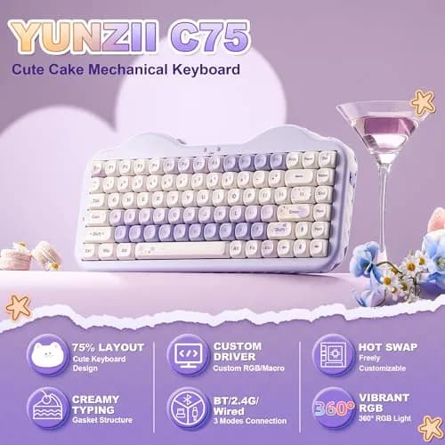 YUNZII C75 Cute 75% Wireless Mechanical Keyboard Purple Milk V2 Switch | 84-Key Compact Layout with RGB Backlighting thumbnail 2