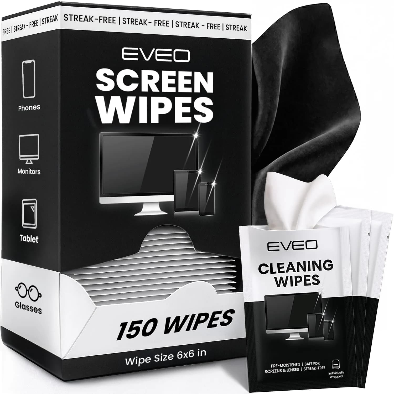 EVEO Screen Wipes 150 Pack | Streak-Free Cleaning for Electronics, Screens, and Lenses - main product image