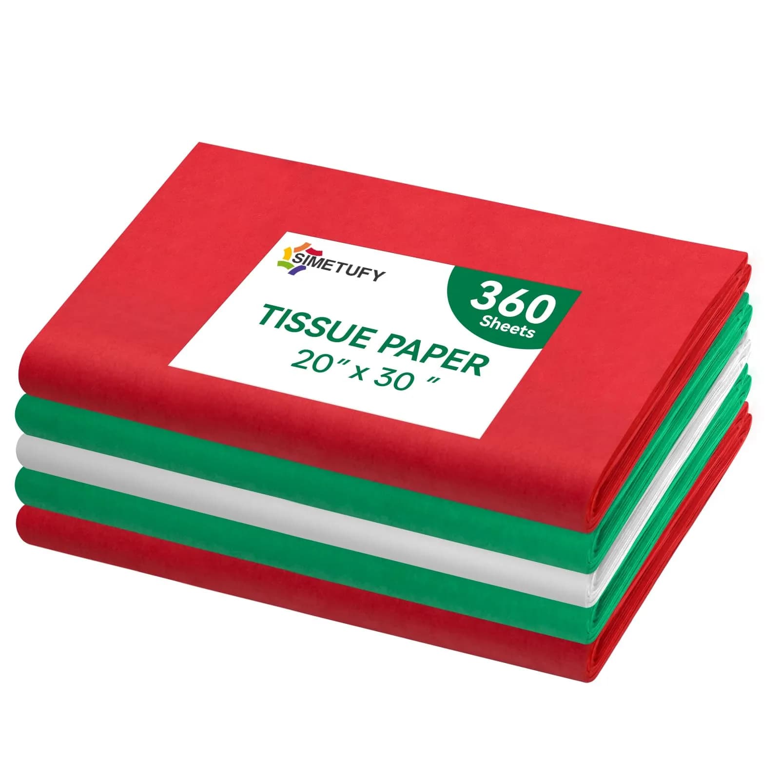 Simetufy Christmas Tissue Paper for Gift Bags 360 Sheets (20 x 30 Inches) | Red, Green, White Bulk Pack - main product image