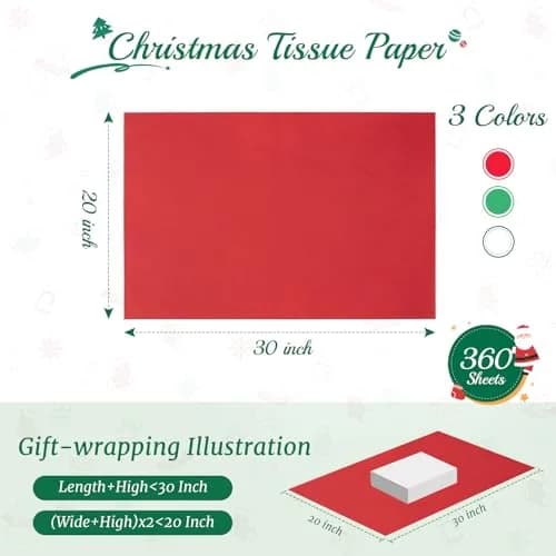 Simetufy Christmas Tissue Paper for Gift Bags 360 Sheets (20 x 30 Inches) | Red, Green, White Bulk Pack thumbnail 3