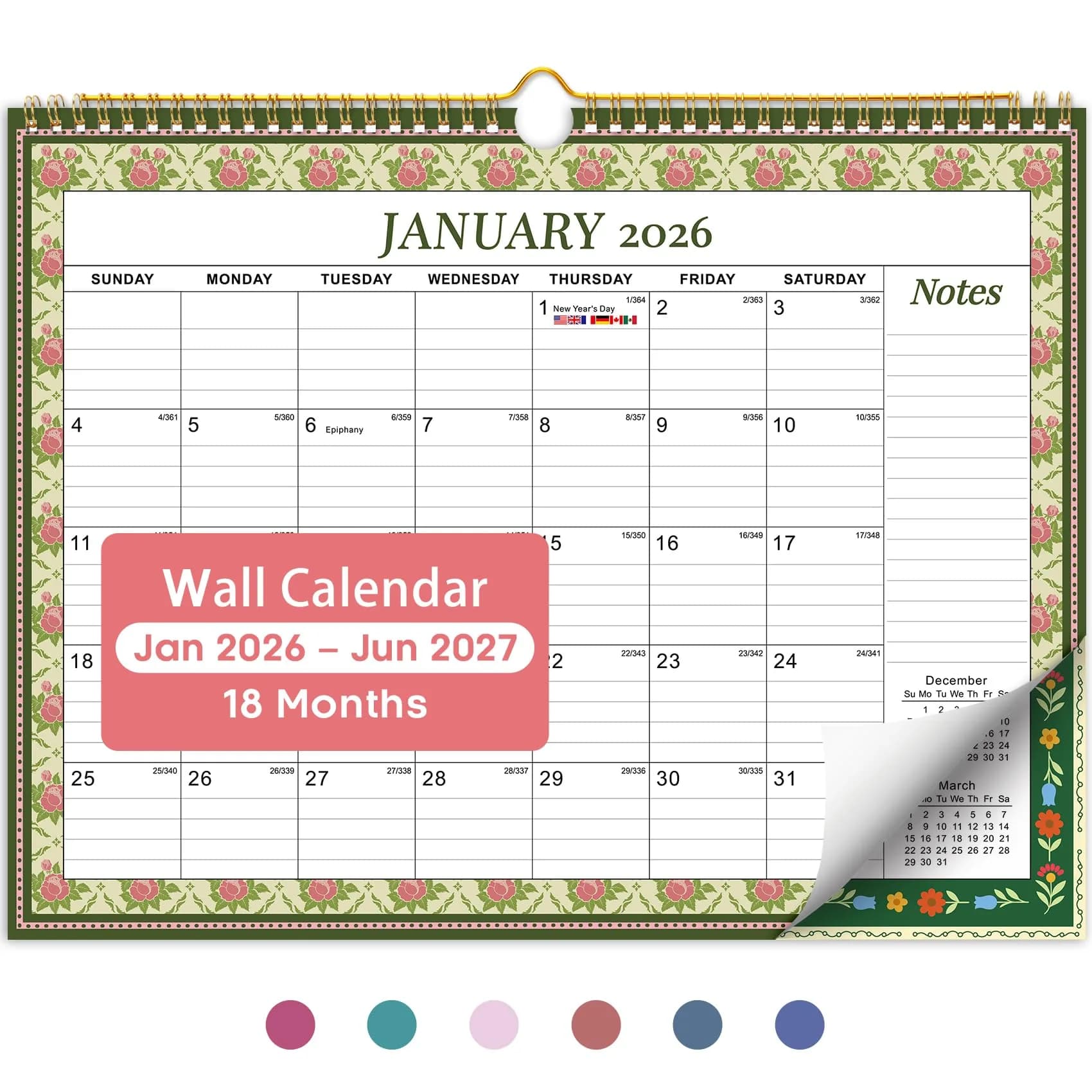 Taja 2026-2027 Wall Calendar 14.7" x 11.5" (36.8 cm x 29.2 cm) | Floral Design, 21-Month Planning — Floral Borders