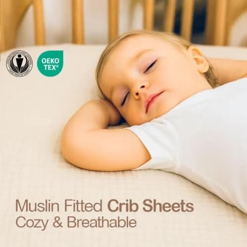 Mère & Moi 2-Pack Muslin Fitted Crib Sheets - Pink & Cream | Breathable 100% Cotton, Snug Fit thumbnail 6