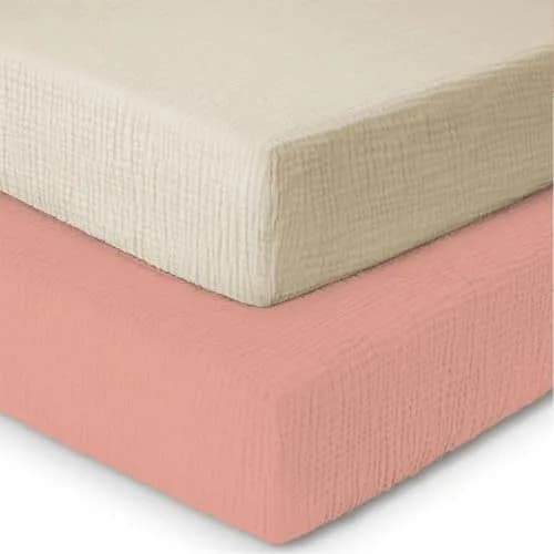 Mère & Moi 2-Pack Muslin Fitted Crib Sheets - Pink & Cream | Breathable 100% Cotton, Snug Fit thumbnail 8