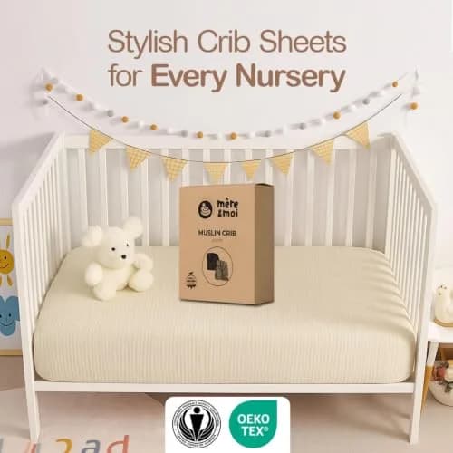 Mère & Moi 2-Pack Muslin Fitted Crib Sheets - Pink & Cream | Breathable 100% Cotton, Snug Fit thumbnail 9