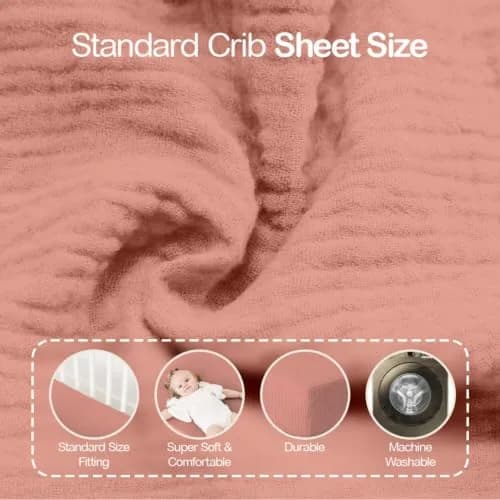 Mère & Moi 2-Pack Muslin Fitted Crib Sheets - Pink & Cream | Breathable 100% Cotton, Snug Fit thumbnail 2