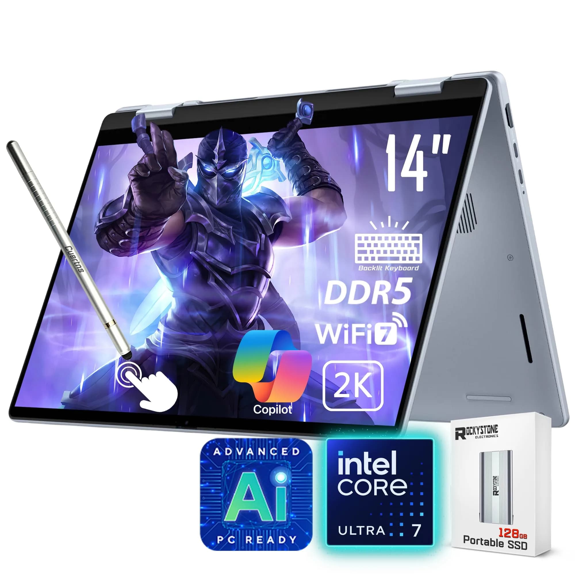 Dell 14 Plus 2-in-1 AI Ready Laptop, 14" 2K Touchscreen, Core Ultra 7 256V(>i9-12900K), Copilot+ PC, Backlit Keyboard, WiFi 7, Thunderbolt 4, Windows 11 Home, Ice Blue, 16GB DDR5, 1TB SSD - main product image