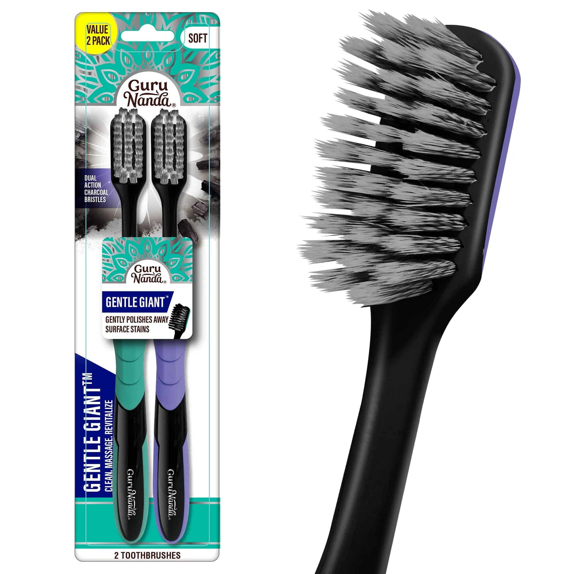 GuruNanda Gentle Giant Charcoal Toothbrush 2ct | Dual Action Flossing Spiral Bristles