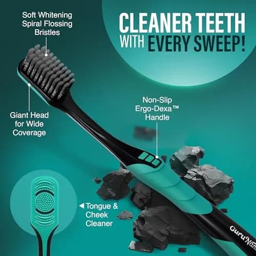 GuruNanda Gentle Giant Charcoal Toothbrush 2ct | Dual Action Flossing Spiral Bristles thumbnail 5