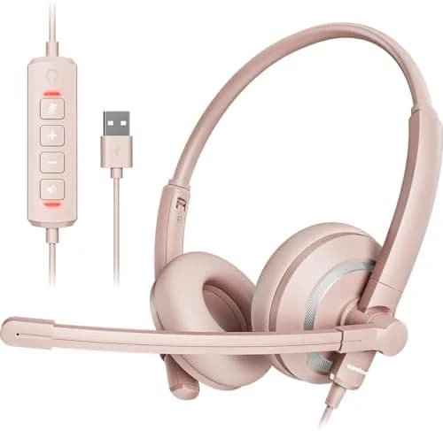 awatrue USB Headset with Microphone for PC - Lightweight Pink Computer Headset with Carry Pouch (40mm Drivers) thumbnail 1