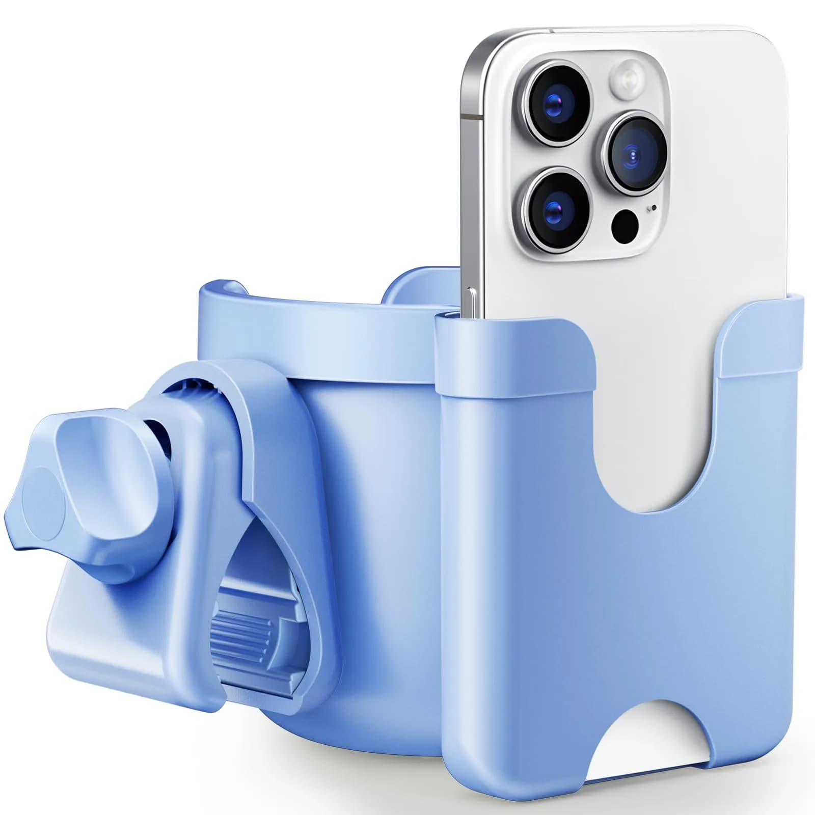 Guiseapue Universal Stroller Cup Holder with Phone Mount, Blue | Fits 0.55"-1.7" Handlebars