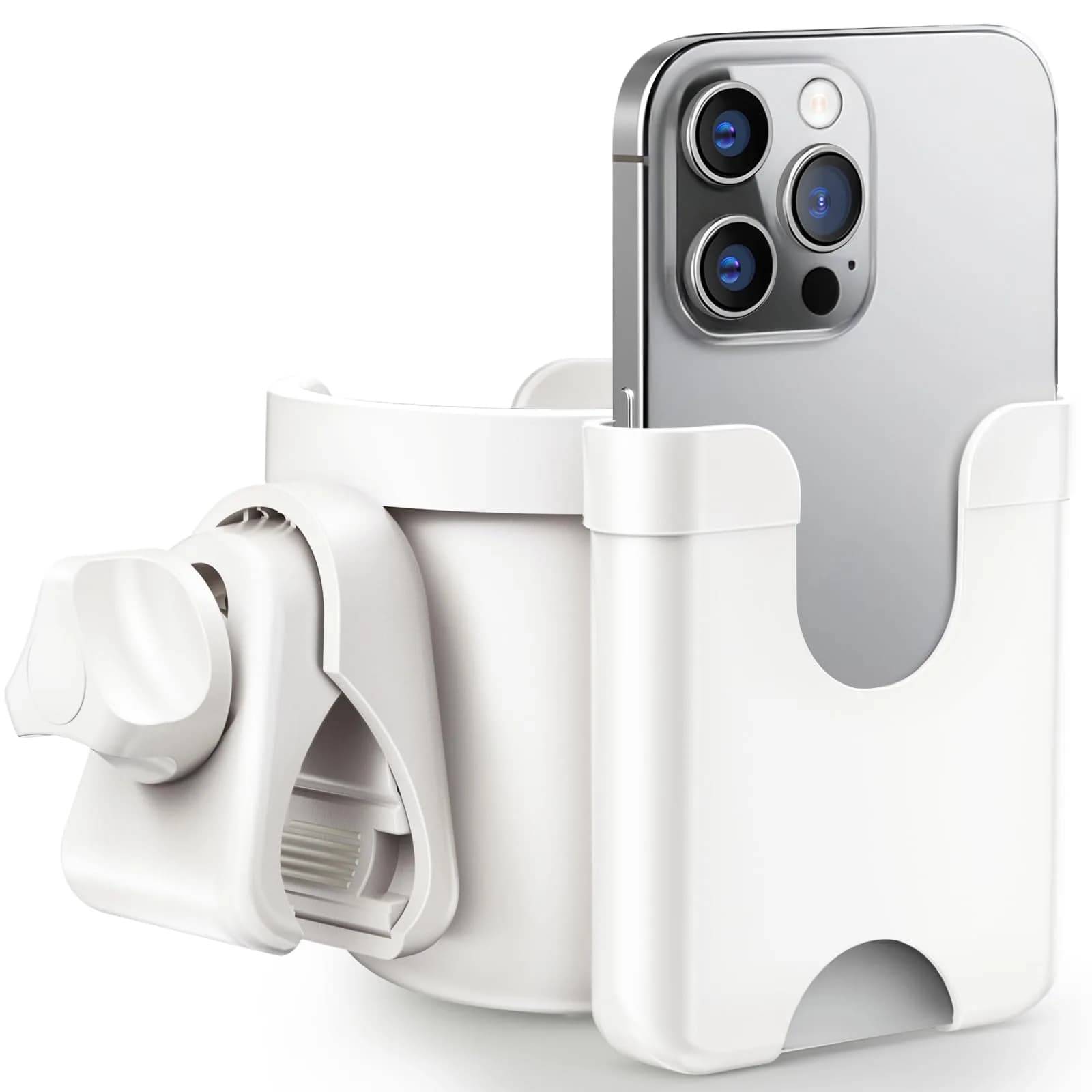 Guiseapue 2-in-1 Stroller Cup Holder with Phone Holder, White | Universal Fit for Bikes & Walkers
