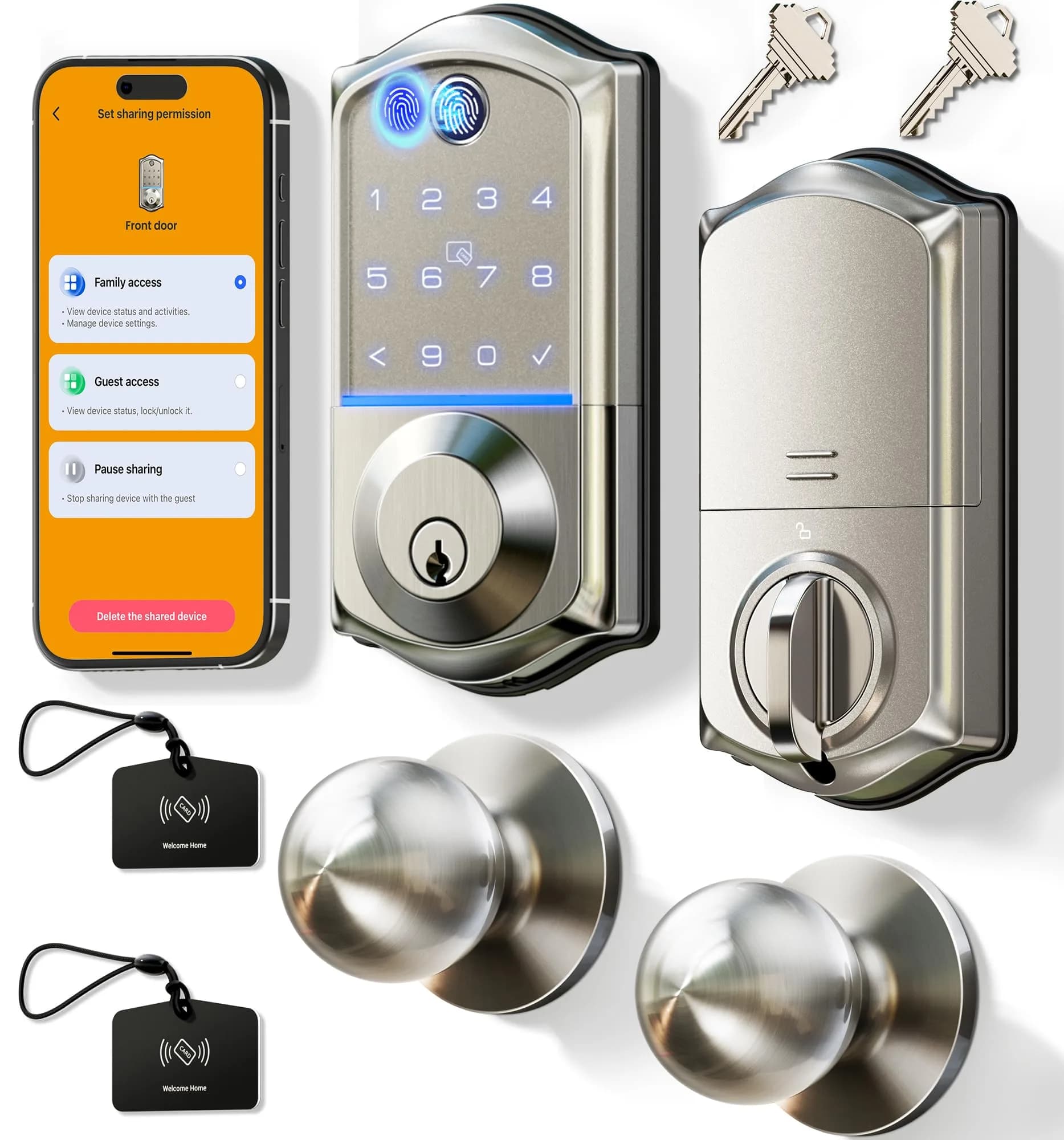 Veise VE017-K Fingerprint Smart Front Lock with Knob Set | APP, Matte Black, IP55 Weather Resistant — Satin Nickel