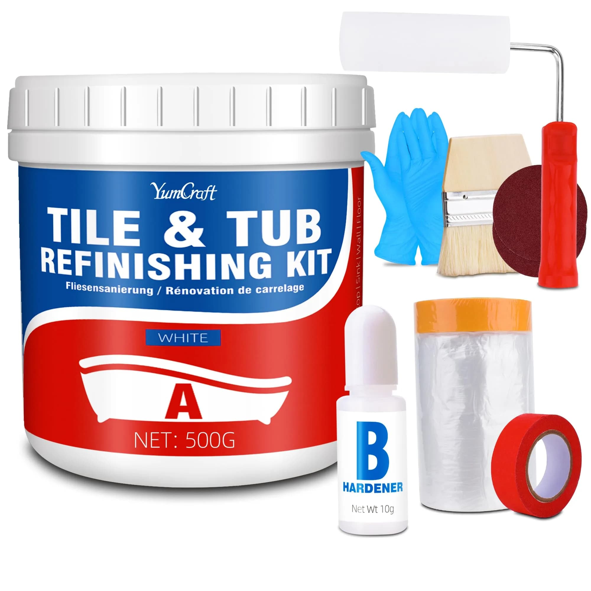 YumCraft Tub Tile Refinish Kit 1000g (35 Oz) White Paint Tools Bathroom Kitchen Resurfacing | Durable Waterproof Coating for Tubs, Tiles, Sinks & Countertops — 17 Ounce