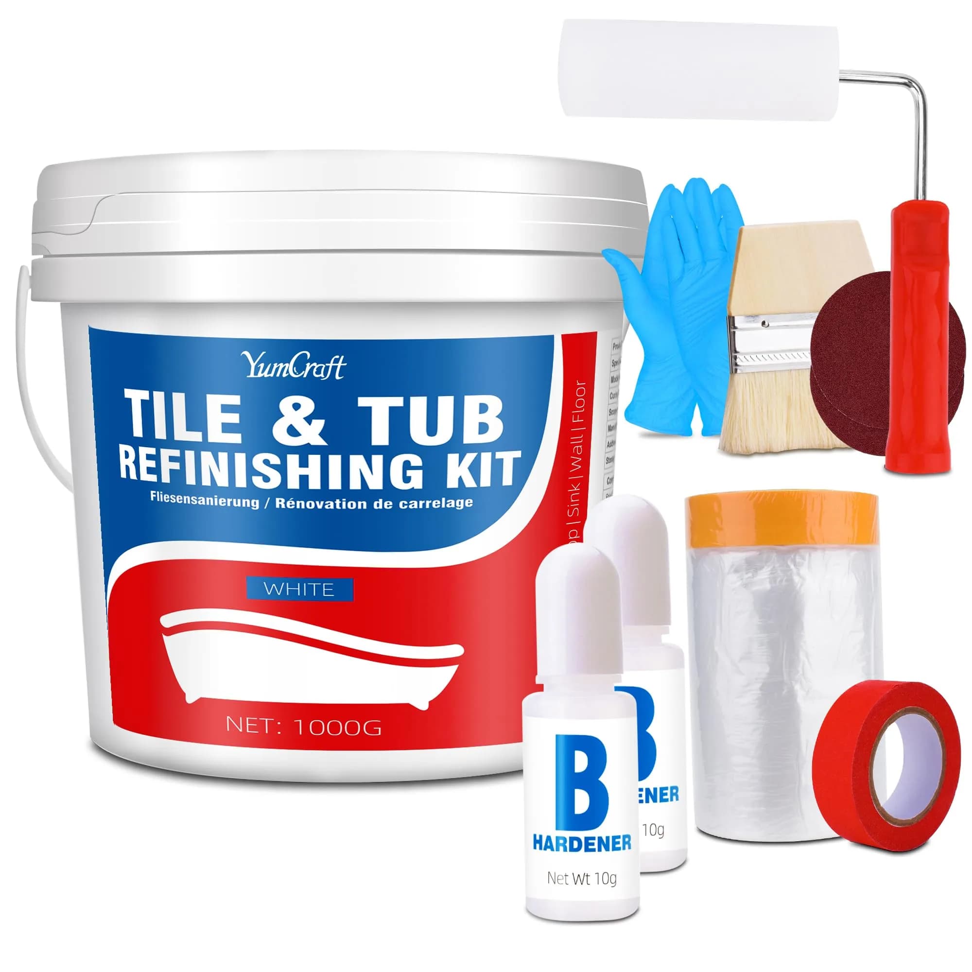 YumCraft Tub Tile Refinish Kit 1000g (35 Oz) White Paint Tools Bathroom Kitchen Resurfacing | Durable Waterproof Coating for Tubs, Tiles, Sinks & Countertops — White