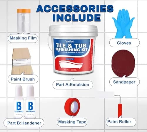 YumCraft Tub Tile Refinish Kit 1000g (35 Oz) White Paint Tools Bathroom Kitchen Resurfacing | Durable Waterproof Coating for Tubs, Tiles, Sinks & Countertops thumbnail 2