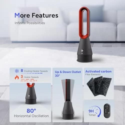 Faryuan Bladeless Fan, 25 Inch | Heating & Cooling & Filter Combo Tower Fan 80° Oscillating thumbnail 7