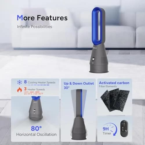 Faryuan Bladeless Fan 25 Inch | Heating & Cooling & Filter Combo, 8 Speeds, 9H Timer, Quiet Indoor Tower Fan thumbnail 7