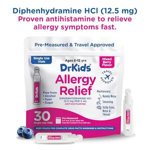 Dr. Kids Children's Allergy Relief Medicine, Mixed Berry Flavor, 30 Count | Fast-Acting, DYE FREE, Travel-Friendly thumbnail 6