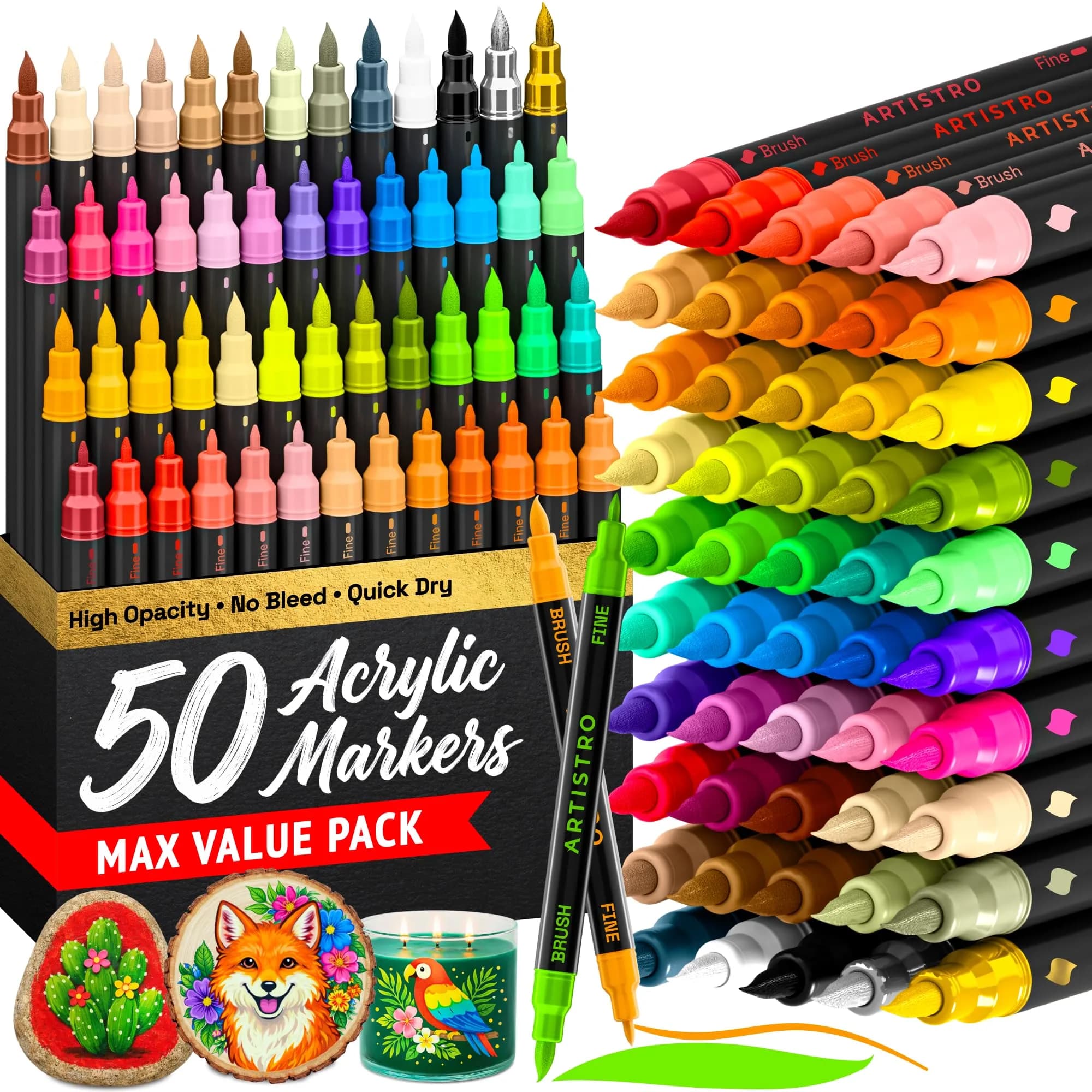 ARTISTRO Acrylic Dual-Tip Glass Marker Pens for Wine Glasses, 100 Count | Vibrant Multicolor Paint Pens for Parties & Crafts — Dual Tip Brush + Fine