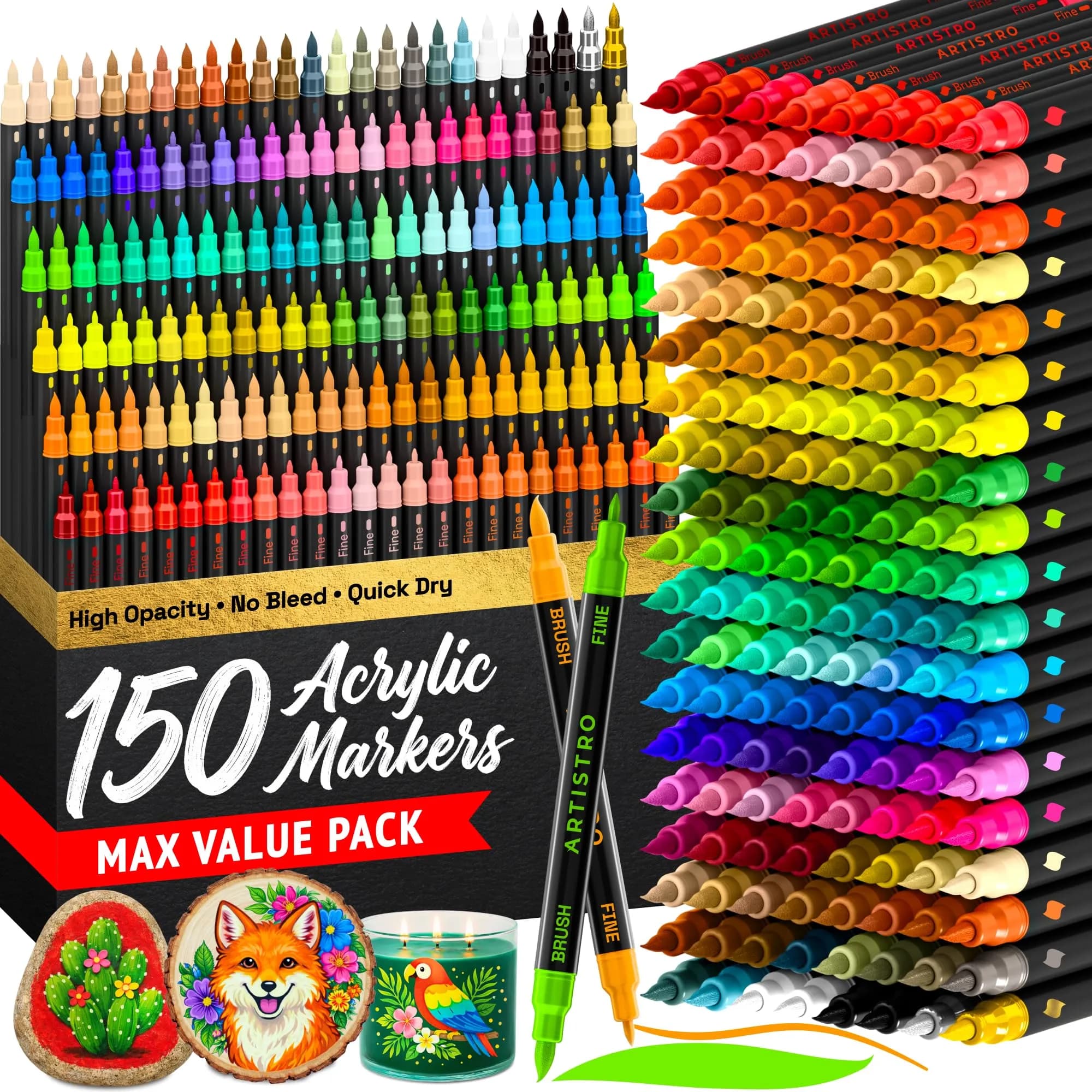 ARTISTRO Acrylic Dual-Tip Glass Marker Pens for Wine Glasses, 100 Count | Vibrant Multicolor Paint Pens for Parties & Crafts — Dual Tip Brush + Fine