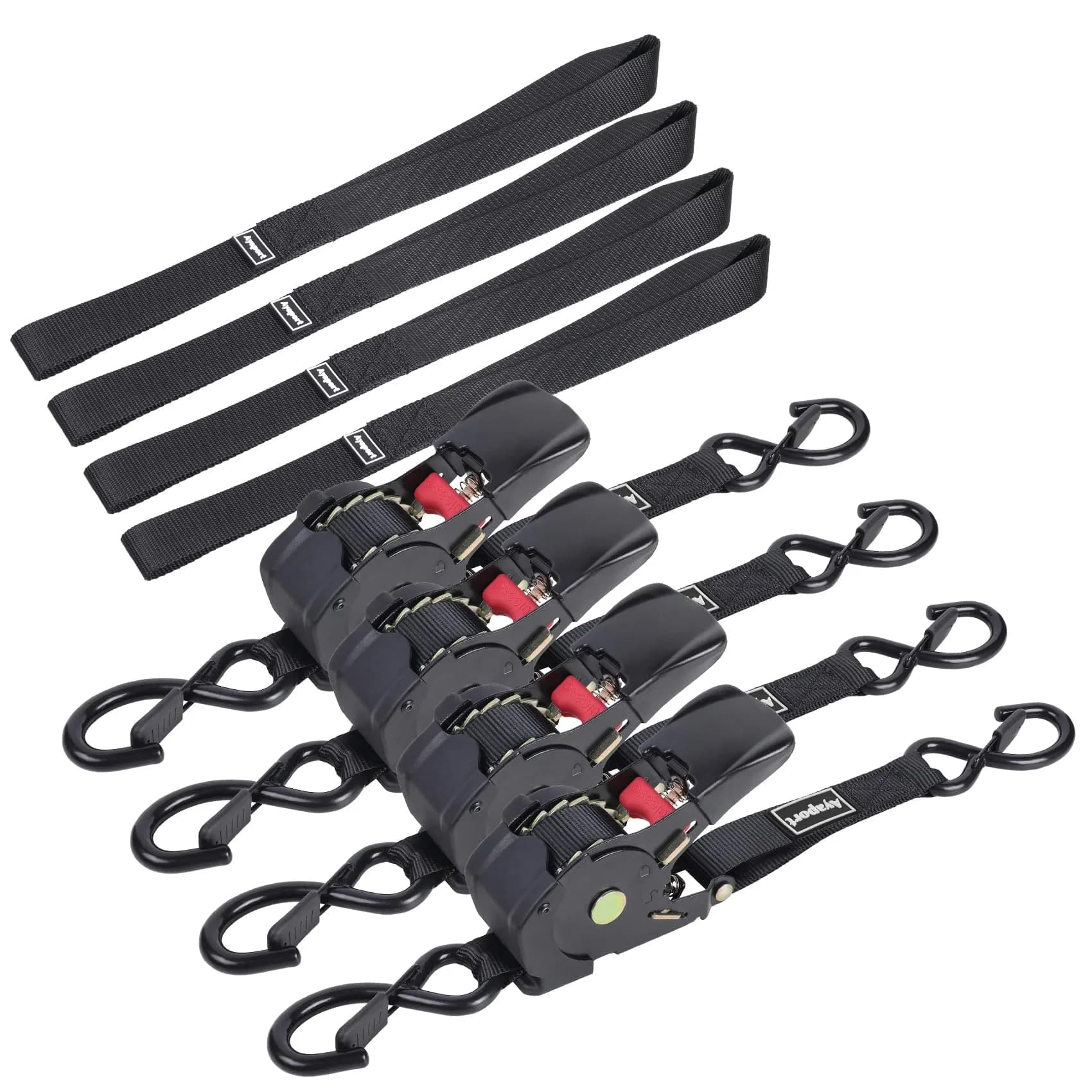 Ayaport Retractable Ratchet Straps 1in x 12.5ft (3.81m) – 4 Pack, 1200lbs Break Strength, Self-Retracting Tie-Downs with S-Hooks — Black