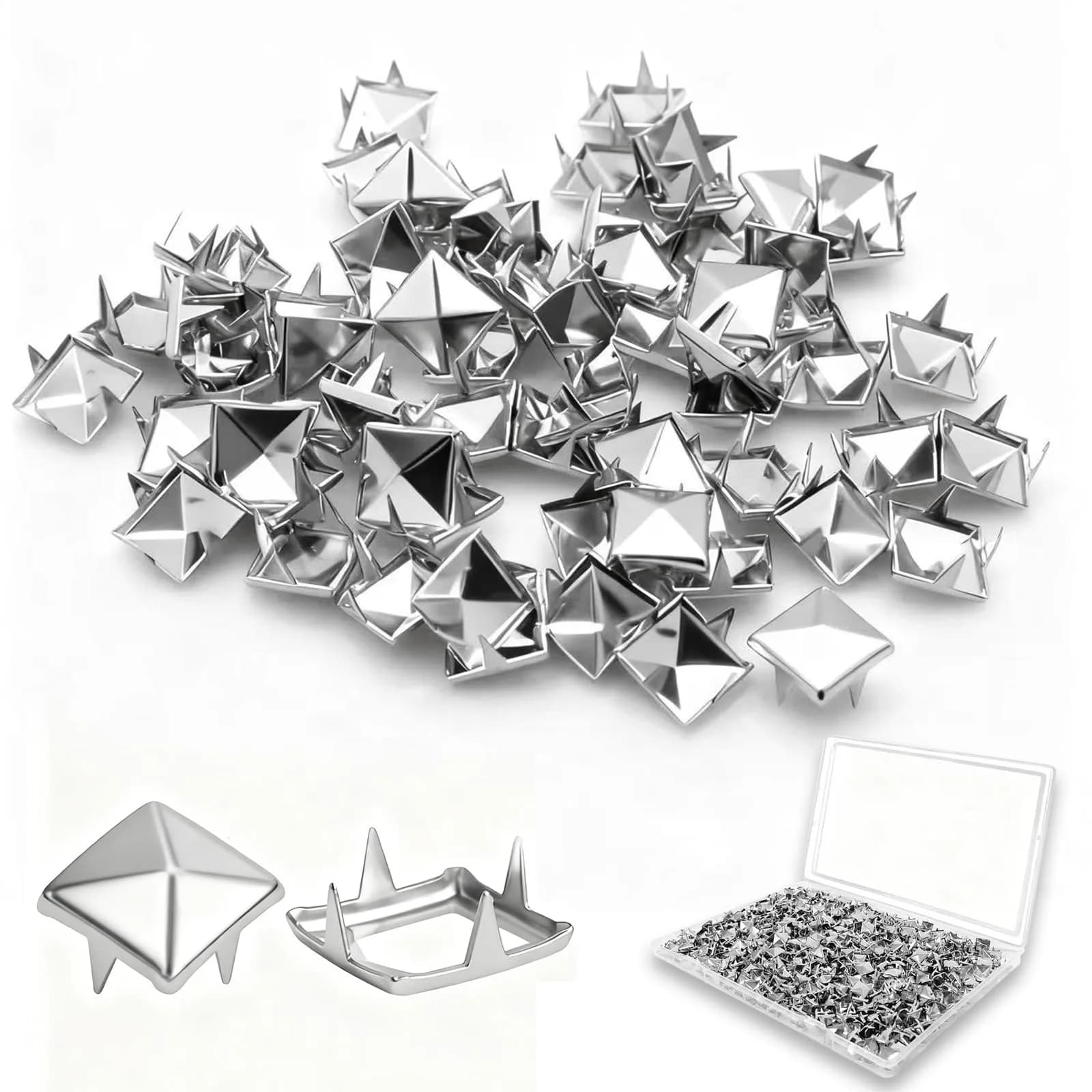 XIAEQOH 500PCS 10mm 4-Prong Square Spikes | Silver Metal Pyramid Studs for Crafts & Clothing - main product image