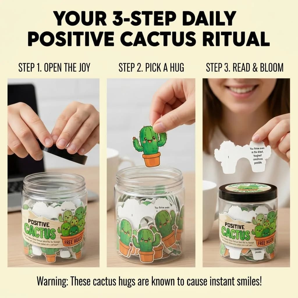 DEARMINE Positive Cactus Jar with 60 Daily Affirmation Cards, Emotional Support Plant Cactus Gifts, Stress Relief, Motivational Gift, Cactus Plushies, Mini Plant Toy Decor, Funny Gifts for Women (Pack of 1) thumbnail 2