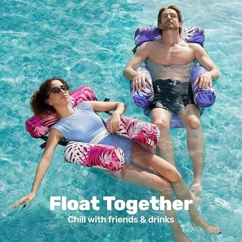Sloosh Inflatable Pool Floats Adult 2-Pack | Tropical Leaves-Purple,Pink (30"x16"x32" each) thumbnail 3