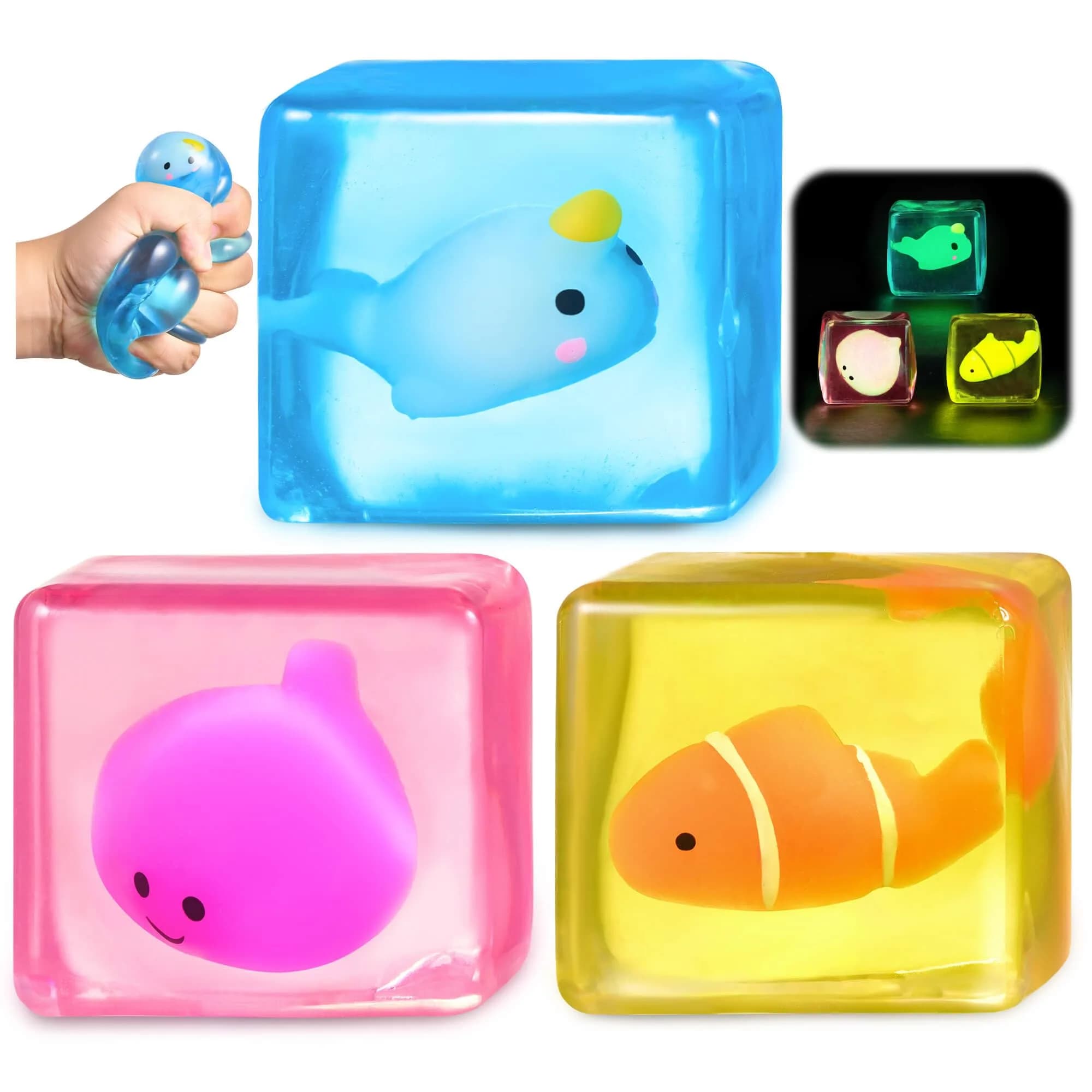 Meijoy Stress Cube Squishy Fidget Toy 6.0cm (2.36 inches) | Glow-in-the-Dark Crab Mochi Inside — 3pcsstresscube