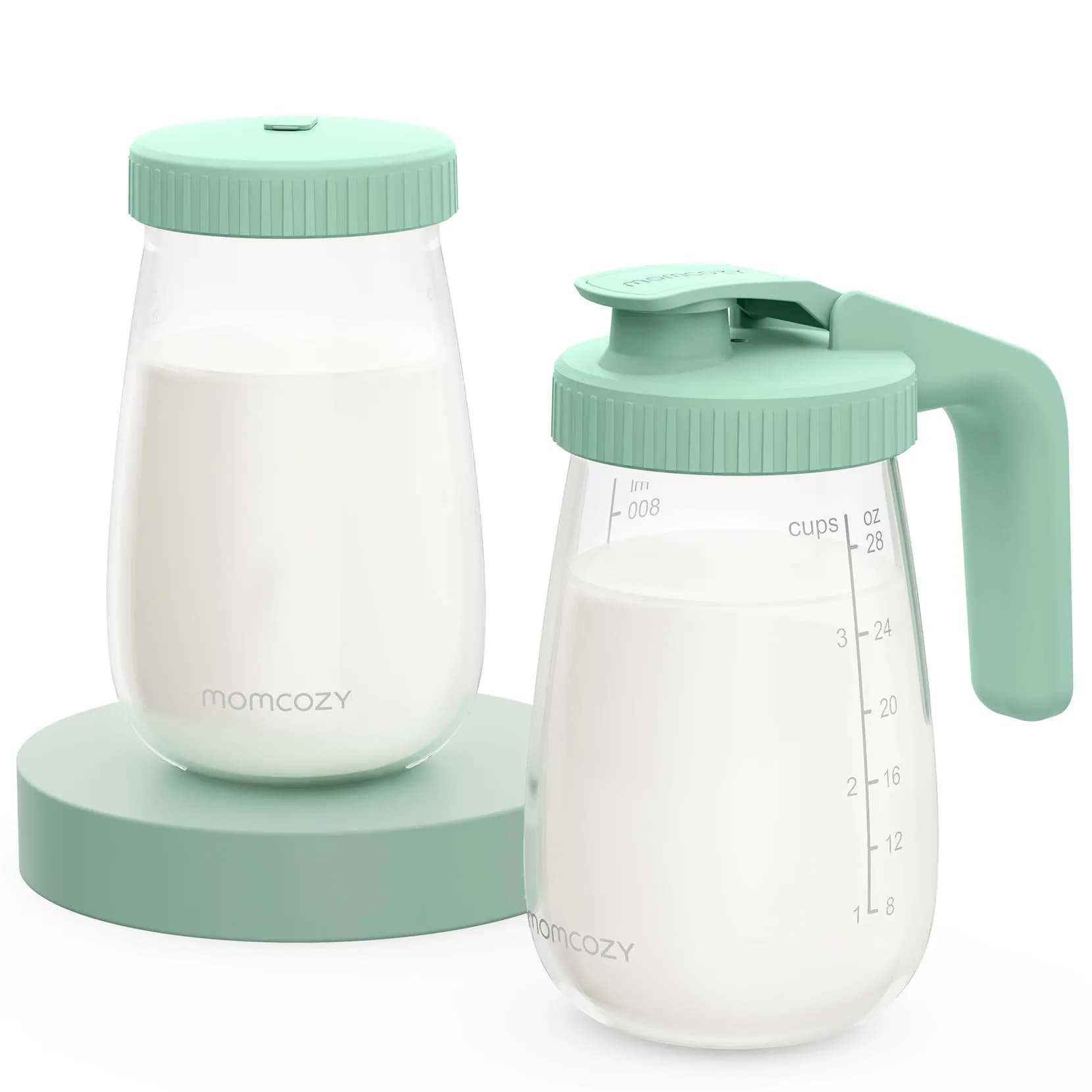 Momcozy Glass Breast Milk Pitcher with Flat and Handle Lid, 2pc, 32oz Each (946ml Total) | Dual-Lid Design for Storage & Pouring