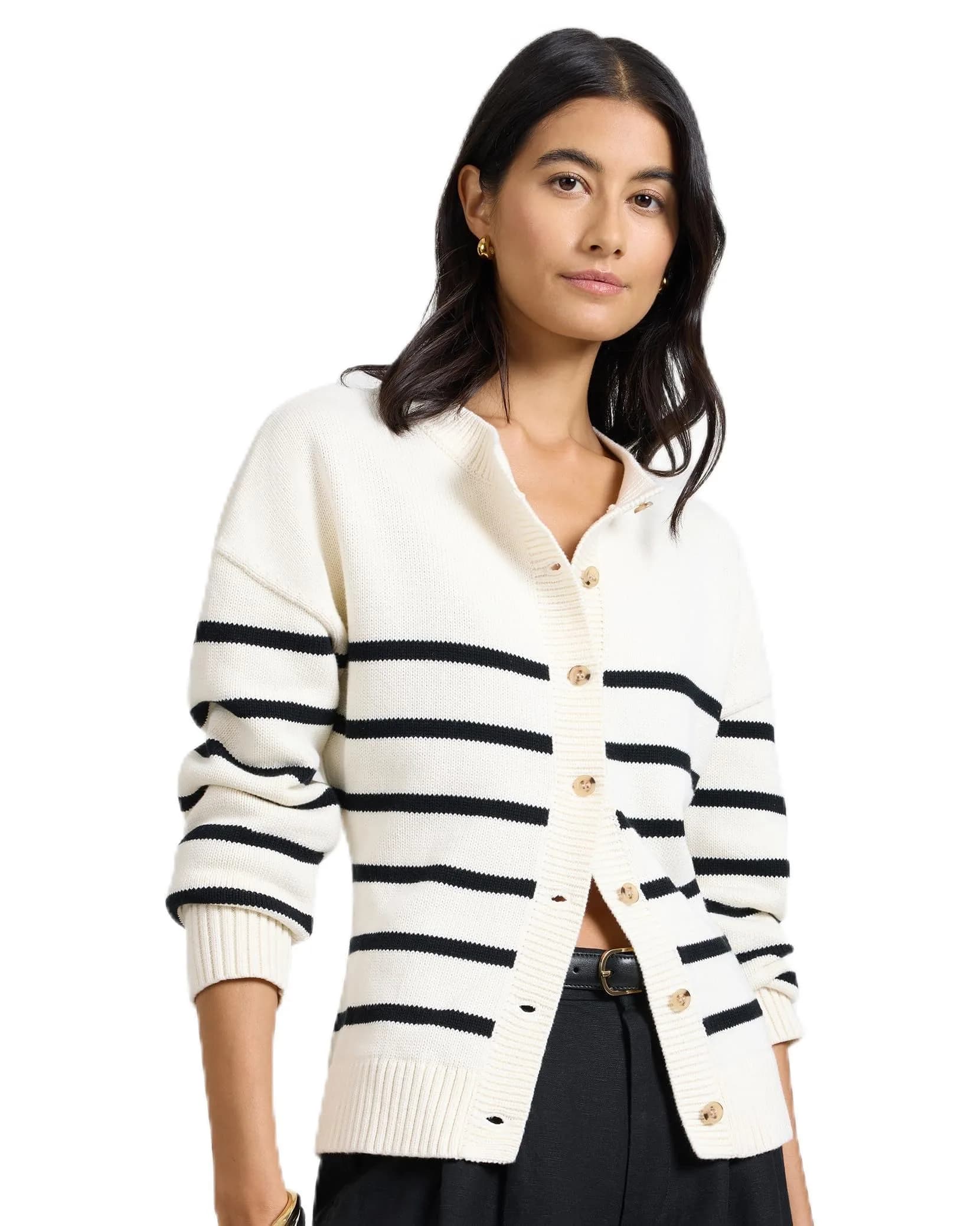 Onia Cotton Fitted Cardigan Off White/Black | Classic Women’s Sweater - main product image