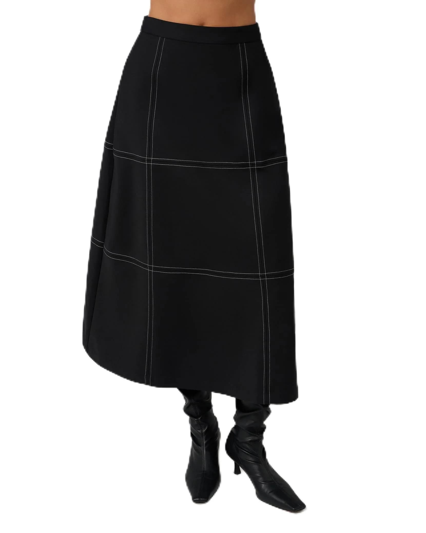 WEWOREWHAT A-Line Contrast Stitch Skirt 12 | Mid-Rise Cotton Blend with Pockets — Black