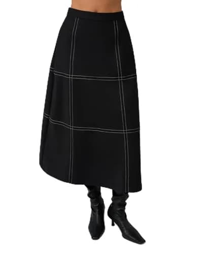 WEWOREWHAT A-Line Contrast Stitch Skirt 12 | Mid-Rise Cotton Blend with Pockets thumbnail 1