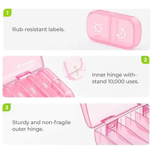 AUVON Weekly Pill Organizer 2 Times a Day, Sakura Pink | Large Compartments, BPA-Free, 14-Compartment Pill Case thumbnail 3
