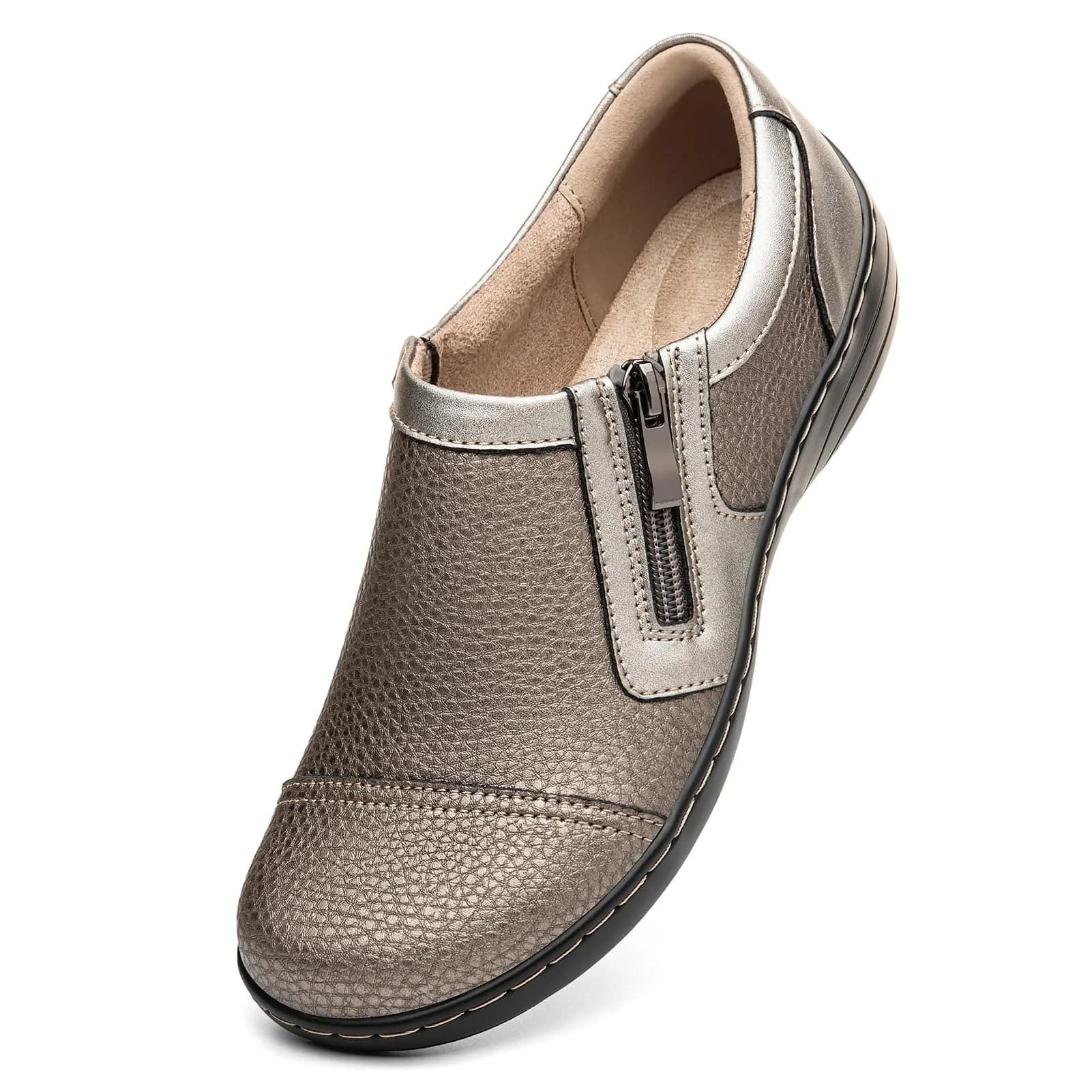 Gloryjoy Women's Leather Loafers with Memory Foam Insole & Zipper Closure, Bronze Metallic, 2.5cm (1.1 inch) Heel | Comfortable Work & Walking Flats — Bronze Metallic