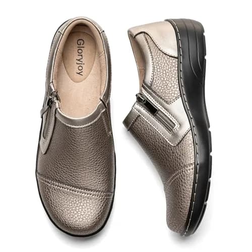 Gloryjoy Women's Leather Loafers with Memory Foam Insole & Zipper Closure, Bronze Metallic, 2.5cm (1.1 inch) Heel | Comfortable Work & Walking Flats thumbnail 4