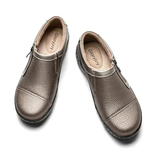 Gloryjoy Women's Leather Loafers with Memory Foam Insole & Zipper Closure, Bronze Metallic, 2.5cm (1.1 inch) Heel | Comfortable Work & Walking Flats thumbnail 9
