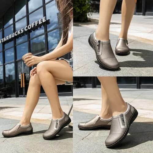 Gloryjoy Women's Leather Loafers with Memory Foam Insole & Zipper Closure, Bronze Metallic, 2.5cm (1.1 inch) Heel | Comfortable Work & Walking Flats thumbnail 2