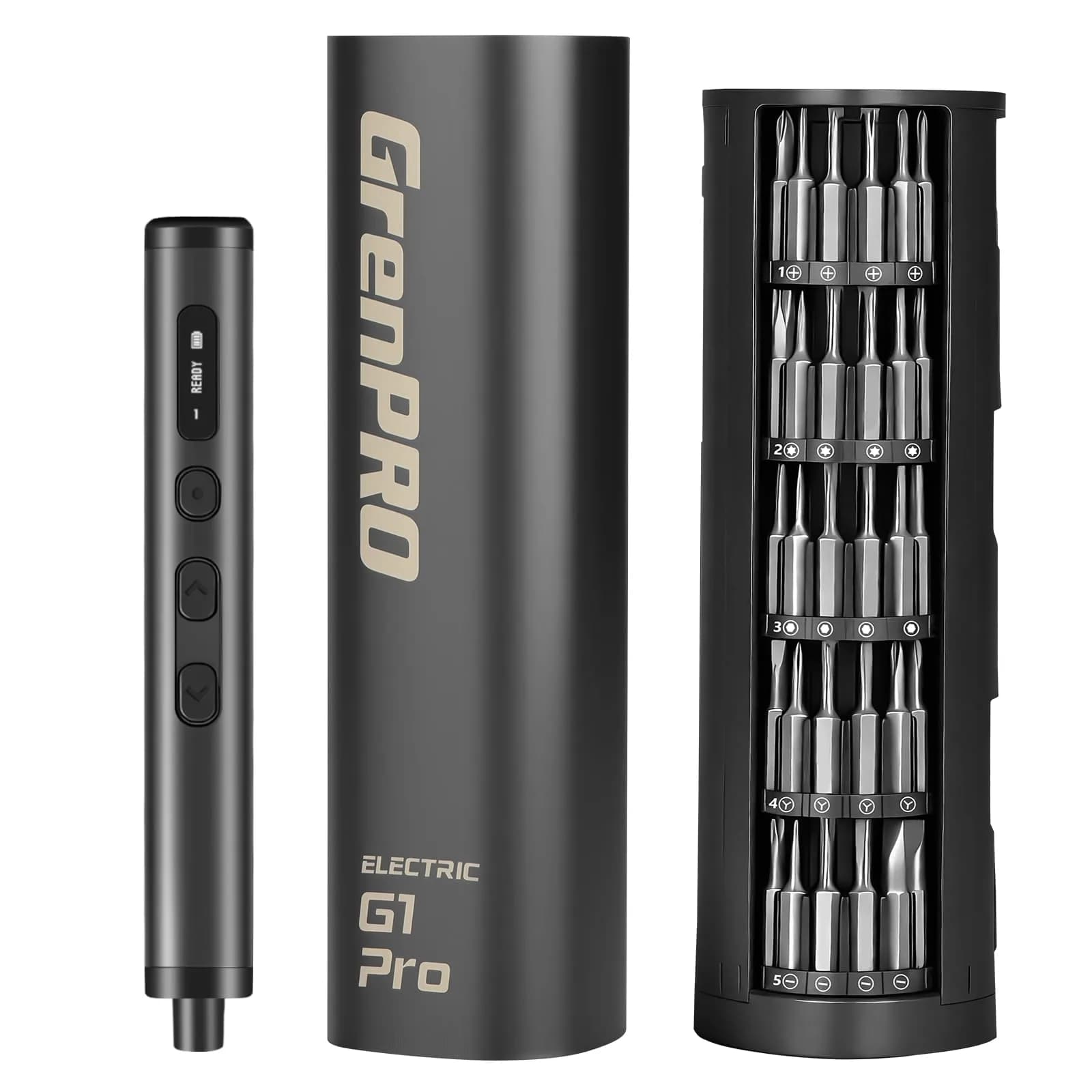 GRENPRO 78-in-1 Precision Cordless Electric Screwdriver with LED Display | 5-Speed, 0.1-0.5N·m Torque, 200RPM, USB-C — Gray