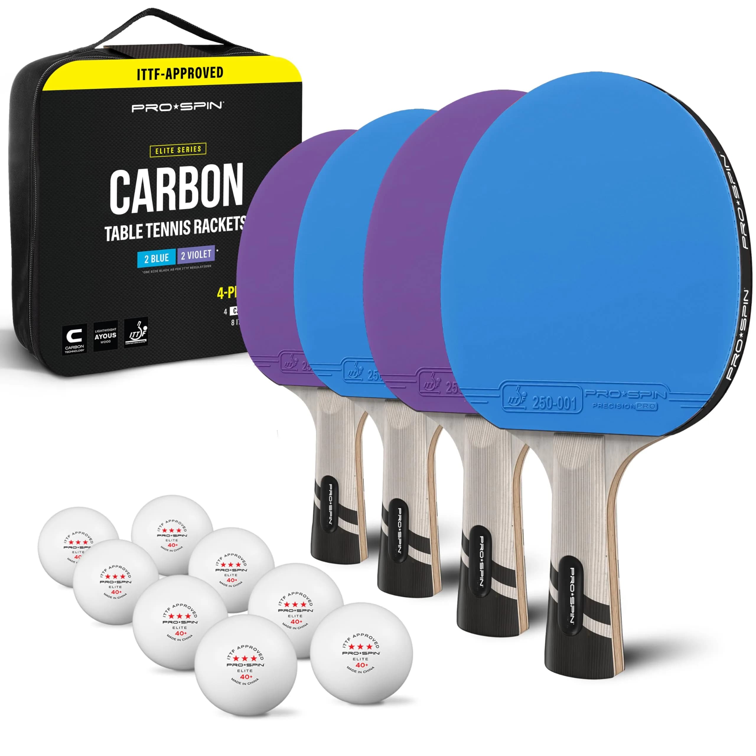 PRO-SPIN 4-Player Carbon Fiber Ping Pong Paddle Set with 8 ITTF-Approved Balls | 7-Ply Blade, 2.0mm Sponge, Shakehand Grip