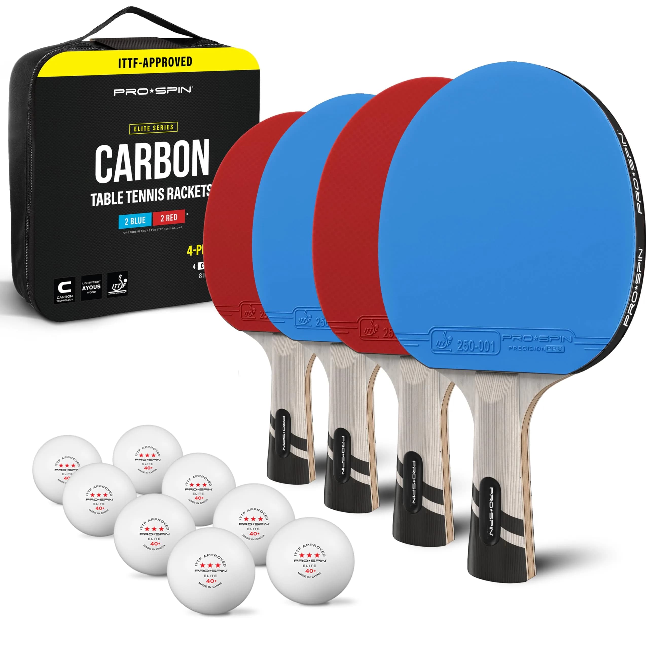 PRO-SPIN 4-Player Carbon Fiber Ping Pong Paddle Set with 8 ITTF-Approved Balls | Professional Quality Set for Spin & Control