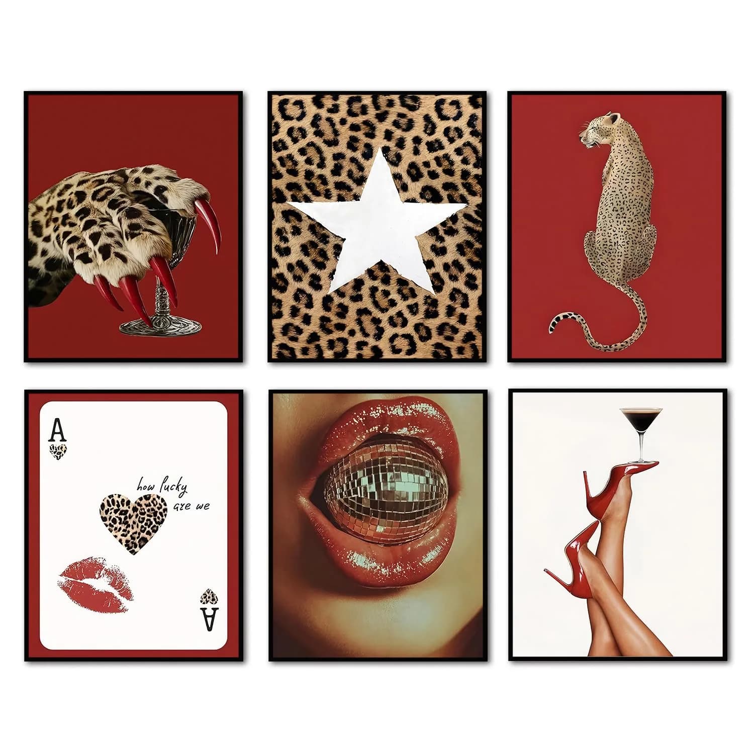Hwetui Red Trendy Leopard Wall Art Poster Set of 6, 8x10 inch | Funky Cheetah Martini Disco Ball Lip Prints for Living Room Bedroom Dorm - main product image