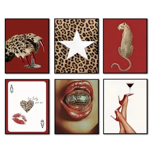 Hwetui Red Trendy Leopard Wall Art Poster Set of 6, 8x10 inch | Funky Cheetah Martini Disco Ball Lip Prints for Living Room Bedroom Dorm thumbnail 1