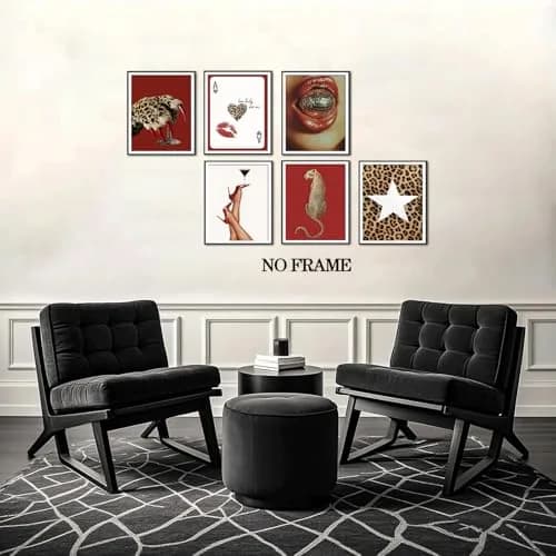 Hwetui Red Trendy Leopard Wall Art Poster Set of 6, 8x10 inch | Funky Cheetah Martini Disco Ball Lip Prints for Living Room Bedroom Dorm thumbnail 4