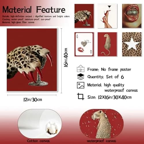 Hwetui Red Trendy Leopard Wall Art Poster Set of 6, 8x10 inch | Funky Cheetah Martini Disco Ball Lip Prints for Living Room Bedroom Dorm thumbnail 5