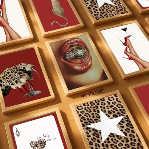 Hwetui Red Trendy Leopard Wall Art Poster Set of 6, 8x10 inch | Funky Cheetah Martini Disco Ball Lip Prints for Living Room Bedroom Dorm thumbnail 2