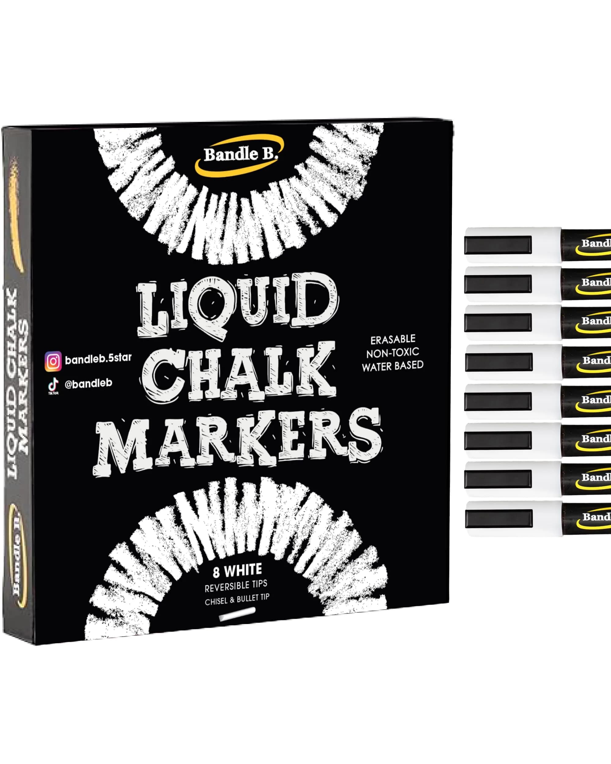Bandle B. White Chalk Markers - 8 Pack, 6mm Reversible Tips | Non-Toxic, Erasable for Glass & Boards